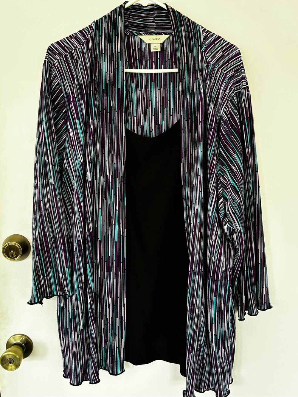 CJ Banks 3x Women’s Striped Blouse with Black Tank - Teal, Purple, Black